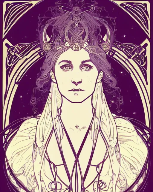 Prompt: a portrait of a galaxy as an androgynous druid sp, occult, ornate, minimal, bust by alphonse mucha, decorative art nouveau border, astrophotography, vast cosmos, digital illustration, trending on artstation