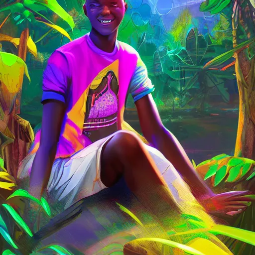 Image similar to concept art of beautiful futuristic, hyperrealistic, sci - fi, smiling african teen boy, peaceful, meditating, colourful digital art, colourful jungle, trending on artstation, detailed