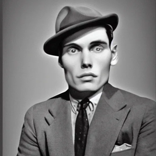 Image similar to A photograph portrait of Jerma985 wearing a suit with and fedora in the 1940s, taken in the early 1940s, grainy, taken on a 940s Kodak Camera, realistic, hyperrealistic, very realistic, highly detailed, very detailed, extremely detailed, detailed, digital art, trending on artstation