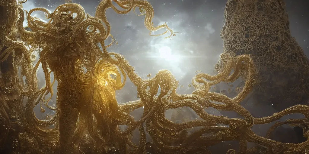 Prompt: a photo of 8k ultra realistic corrupted lovecraftian golden humanoid queen wearing a white dress with gold embellishments standing next to a spaceship window overlooking earth, 8 intricate white and gold tentacles, ornate white and gold armour, cinematic lighting, trending on artstation, 4k, hyperrealistic, focused, extreme details, unreal engine 5, cinematic, masterpiece