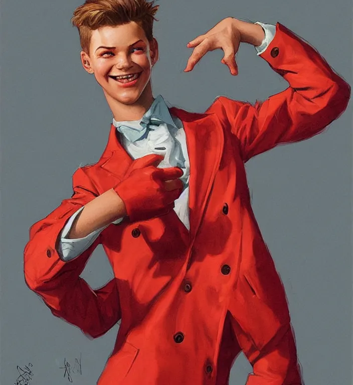 Image similar to medium shot, a boy with mildly dangerous looking eyes with smile with red suit on, very detailed, digital art, concept art, studio quality, fantasy, art style by J. C. Leyendecker