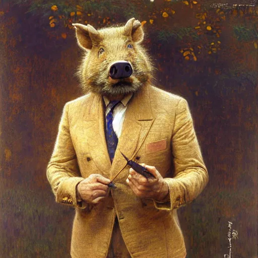 Prompt: a male boarman boar man wearing a suit furry arms furry body walking stick new york. furaffinity furry art detailed face painting by gaston bussiere craig mullins jc leyendecker gustav klimt artgerm greg rutkowski furry