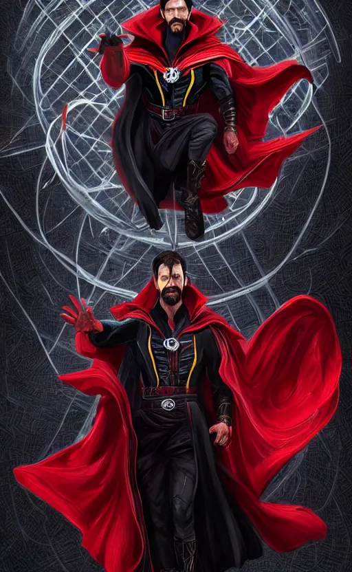 Image similar to venom as doctor strange, black and red suit, dynamic lighting, photorealistic fantasy concept art, trending on art station, stunning visuals, terrifying, creative, cinematic