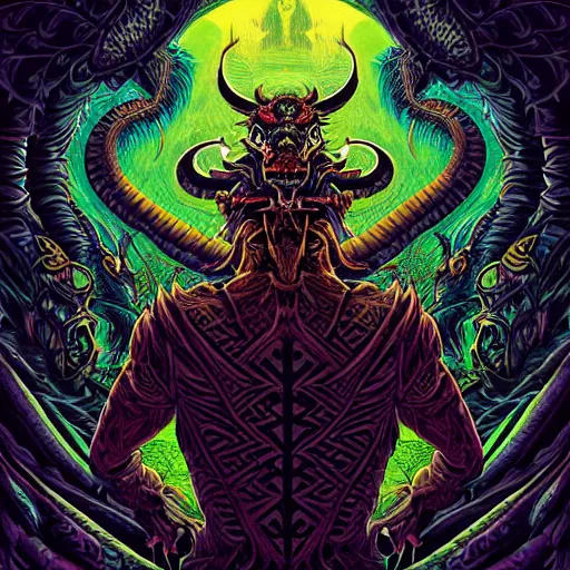 Prompt: back view of barong family member, wiwek, mara demon, one single tribe member, jungle, one single mask, dark, ancient warrior, snake, bull, lizard, alien, dragon, tribal, inner glow, art by dan mumford and justin gerard