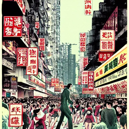 Prompt: glossy old advertising poster, king kong walking through crowded hong kong street, horror, drawn comic by junji ito, pastels, gradient