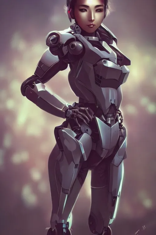 Prompt: a young attractive Asian woman inside a mecha, in the style of Artgerm and Tom Bagshaw