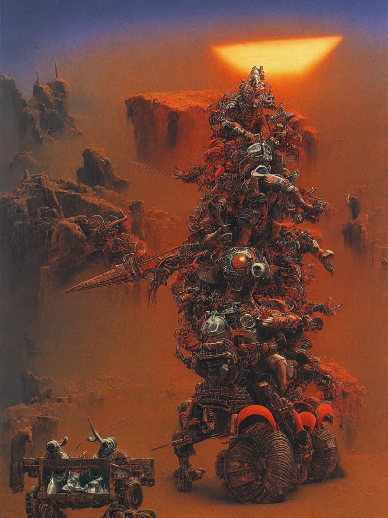 Prompt: epic llama wizard riding futuristic quadbike through the gates of hell, wearing samurai armour, and firing missiles, highly detailed beksinski painting