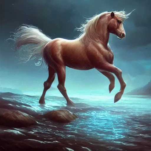 Image similar to a fantastical small horse made of water, liquid, fluid and foam, ethereal, noble, radiant, hyperalism, scottish folklore, digital painting, artstation, concept art, smooth, 8 k frostbite 3 engine, ultra detailed, art by artgerm and greg rutkowski and magali villeneuve