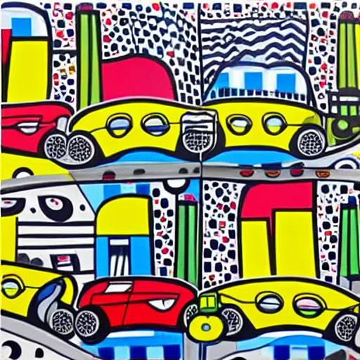 Prompt: cars in the city, painting by romero britto