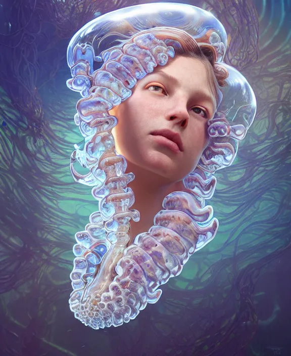 Image similar to intricate transparent clear see - through portrait of a terrifying beautiful alien sea slug, mottled coloring, adorable, childlike, pastoral environment, ultra realistic, concept art, art nouveau, photorealistic, octane render, 8 k, unreal engine. art by christopher marley and artgerm and greg rutkowski and alphonse mucha