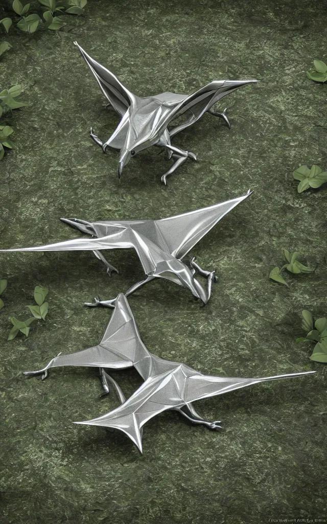 Image similar to metallic platinum pterodactyl lying in a swamp, moss and mud, photography, 3d render visualization