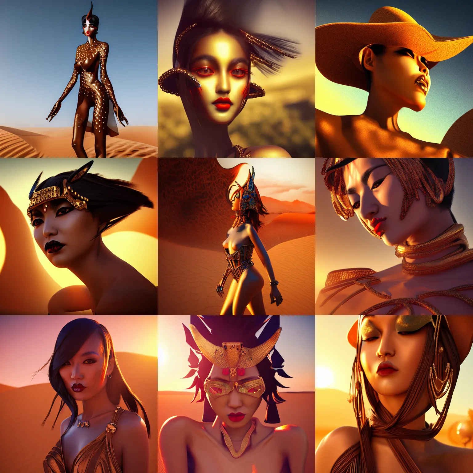 Prompt: giesha demon, innovative avant-garde art, deco fashion, asian women, highly detailed, photorealistic portrait, serene desert setting, golden hour, crisp quality and light reflections, unreal engine 5 quality render