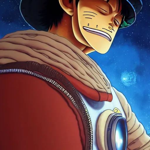 Image similar to luffy in a astronaut suit and luffy, intricate, luffy, highly detailed, digital painting, artstation, concept art, smooth, sharp focus, illustration, luffy, unreal engine 5, 8 k, art by artgerm and greg rutkowski and alphonse mucha