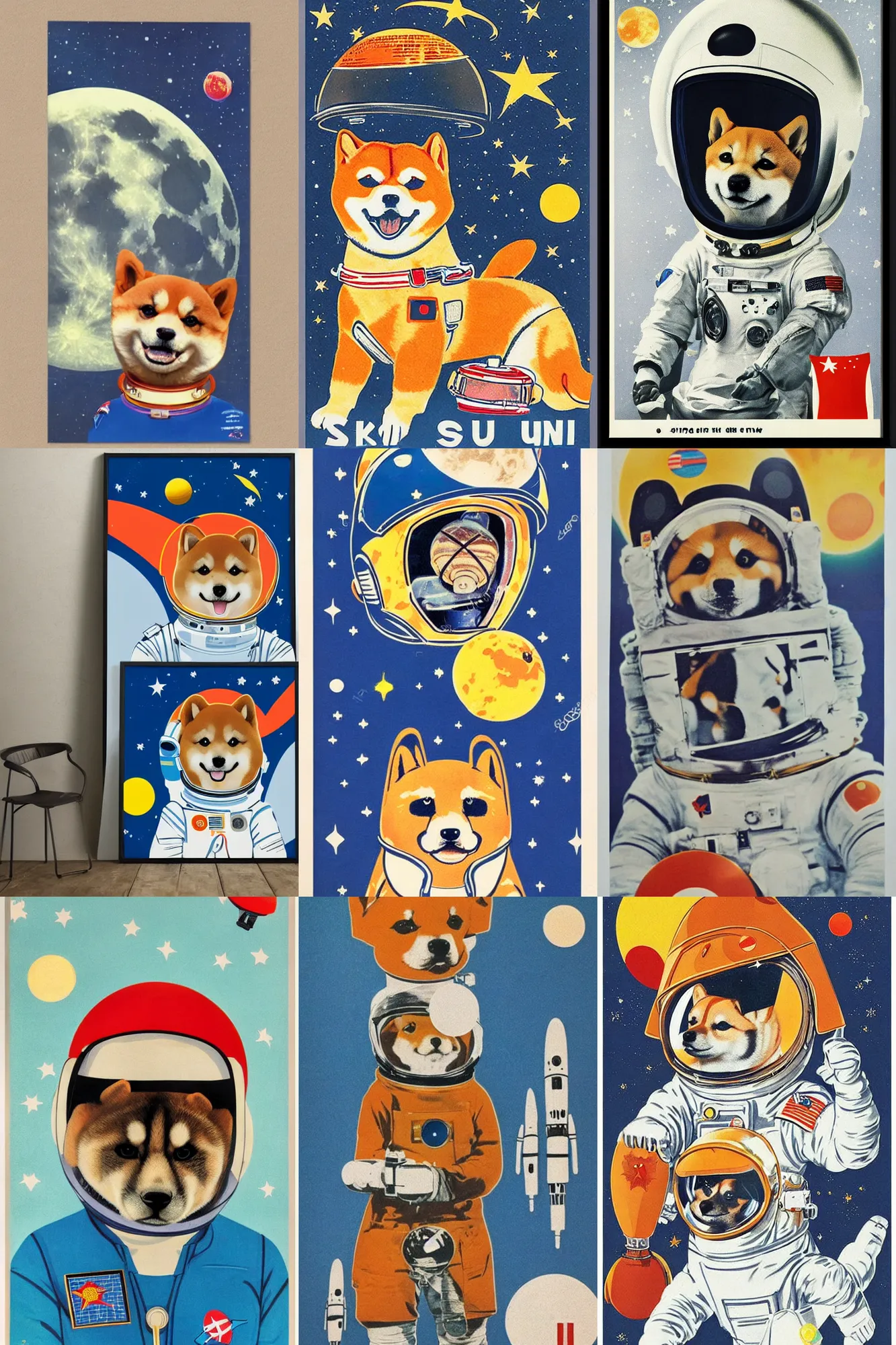 Prompt: cute Shiba Inu cosmonaut portrait wearing helmet, moon mission, 60s poster, 1968 Soviet Japanese