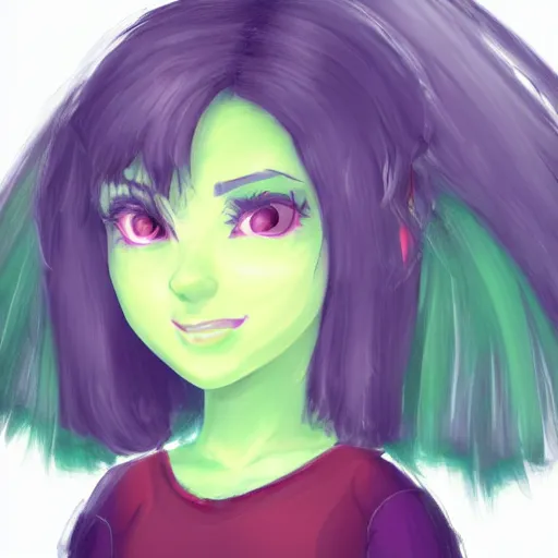 Prompt: character concept art of a beautiful cheeky young woman with dreamy eyes and bright green hair wearing street clothes, full upper body digital 2d painting