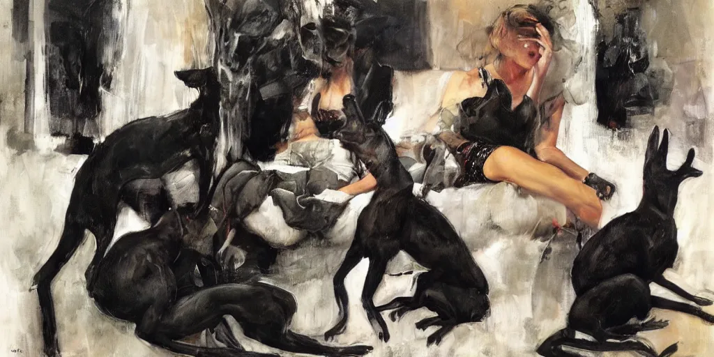 Image similar to a woman sitting with a black greyhound, flowers, dark atmosphere. by normal rockwell, jenny saville, phil hale