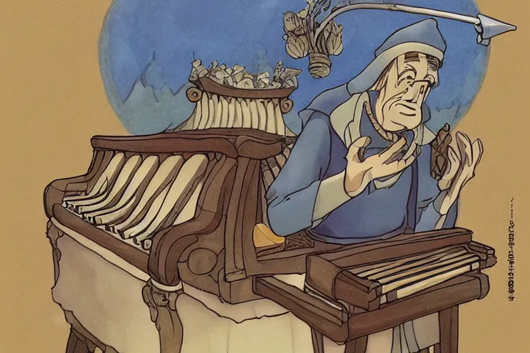 Prompt: A cell animation of an old wizard playing a magical pipe organ, Nausicaa of the Valley of the Wind, Miyazaki Hayao, ghibli style, illustration, anime, trending on artstaion