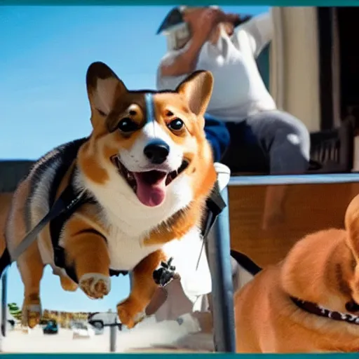 Image similar to photo of dwayne johnson riding a giant corgi, highly - detailed, sharp focus, award - winning