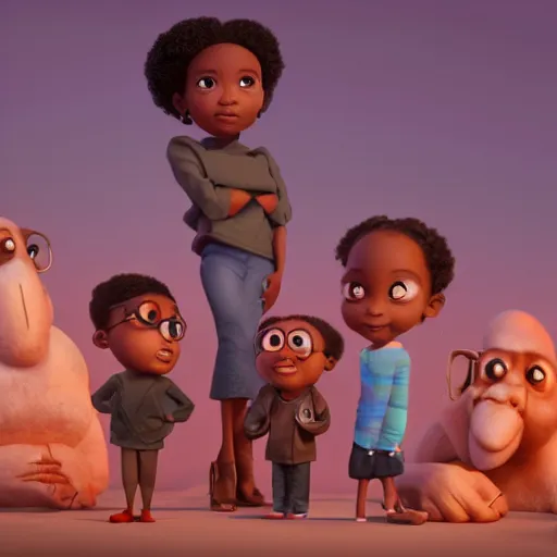 Image similar to stunning, coherent, impressive, still of black family, follow shot, 3d, in the style of pixar, comic book style, 3d, highly detailed, 16k resolution, octane renderer, coherent, cinematic lighting