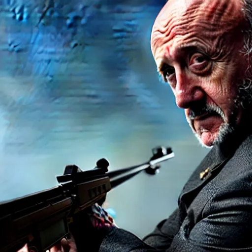 Image similar to film still of mike ehrmantraut aiming with a sniper rifle on a rooftop, 4 k, highly detailed