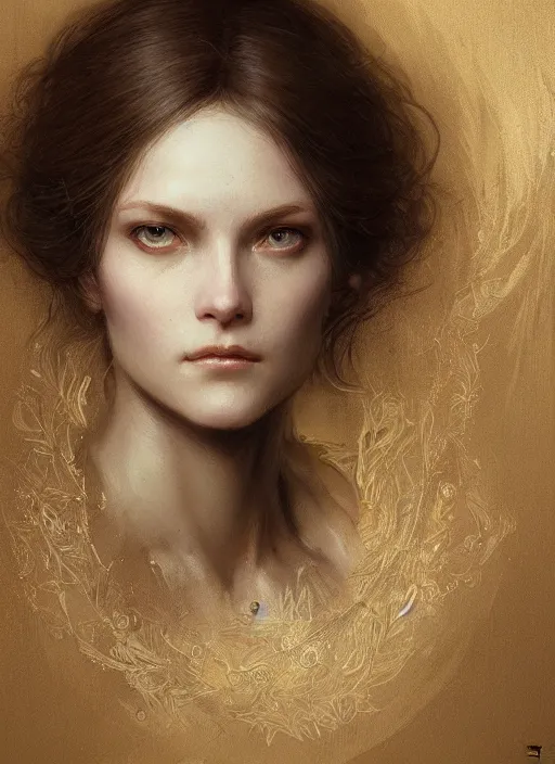 Image similar to female pale aristocrat, gold, character portrait, concept art, intricate details, highly detailed by greg rutkowski, michael whelan and gustave dore, face enhance, ultra detailed