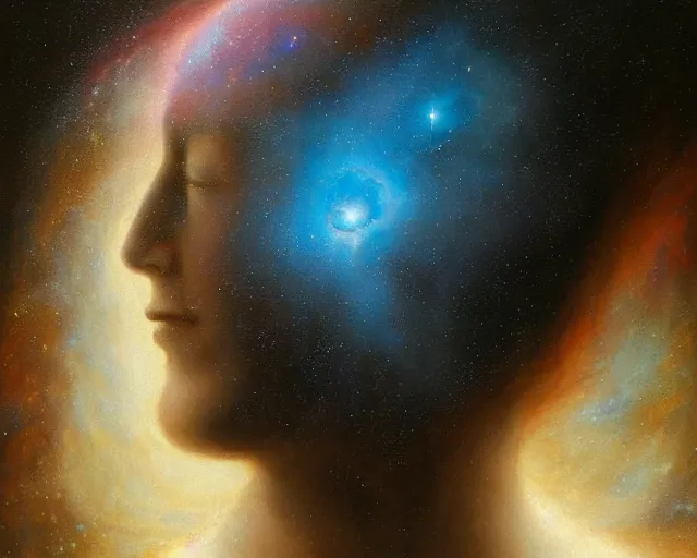 Image similar to cosmic person nebula, an oil painting, by ( leonardo da vinci ) and greg rutkowski and rafal olbinski ross tran airbrush time magazine