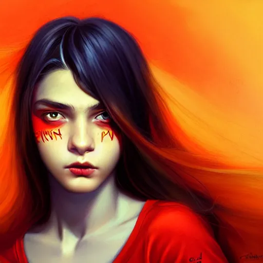 Image similar to colorful and festive captivating teenager with straight brown hair covering his eye, dark skin, big lips, big eyes, wearing a red t - shirt. rich vivid colors, ambient lighting, dynamic lighting, 4 k, atmospheric lighting, painted, intricate, highly detailed by charlie bowater