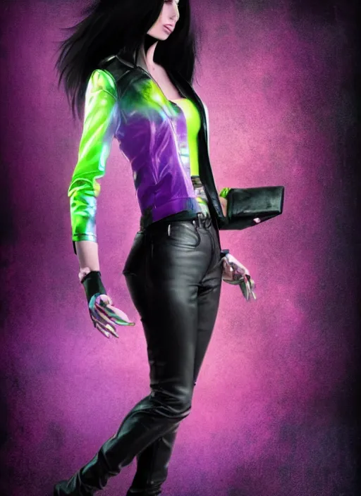 Image similar to a photo of 8 k ultra realistic a black haired female in high heels and a black leather jacket, pink, purple, green, yelow, red, blue, white neon, art by lise deharme