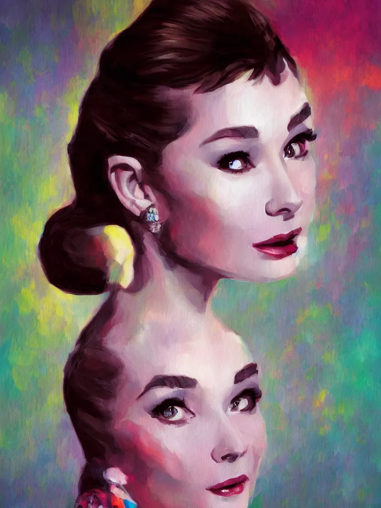 Prompt: a portrait of Audrey Hepburn, glamorous setting, vivid colors, soft lighting, atmospheric, cinematic, moody, in the style of Ross Tran, oil on canvas, 8k