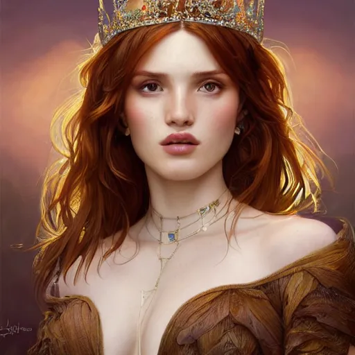 Image similar to ultra realistic illustration, bella thorne wearing princess crown, intricate, elegant, highly detailed, digital painting, artstation, concept art, smooth, sharp focus, illustration, art by artgerm and greg rutkowski and alphonse mucha