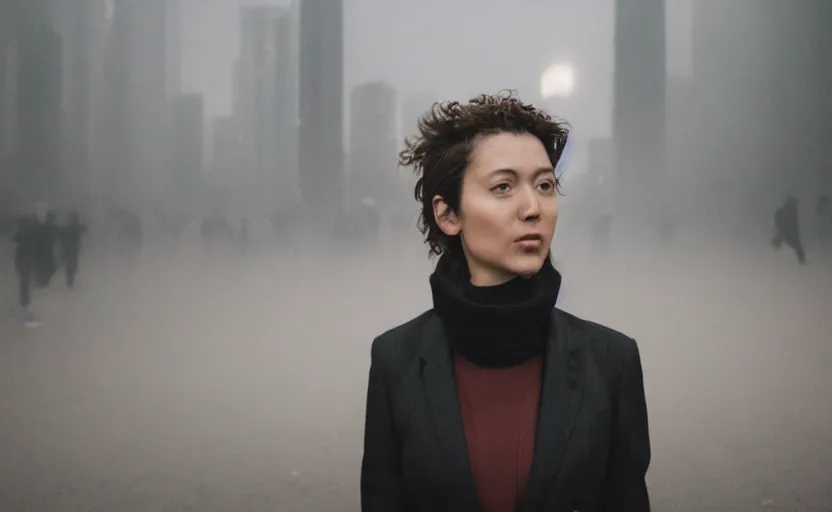 Image similar to a wide shot of a woman with a wool suit, very short hair, blurred face, wearing an omega speedmaster on her wrist in front of a crowded dystopian city full of people walking at night with fog and cyberpunk lights