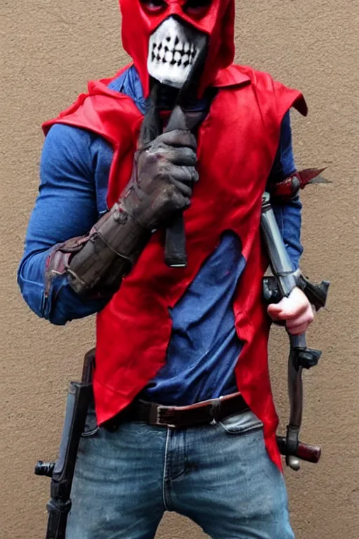 Prompt: red hood cosplay, creepy, disturbing, bloody, darkness, grainy, urban, jeans