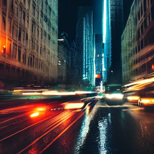 Image similar to a city street at night, raining, photograph, cars on the road, monster attack