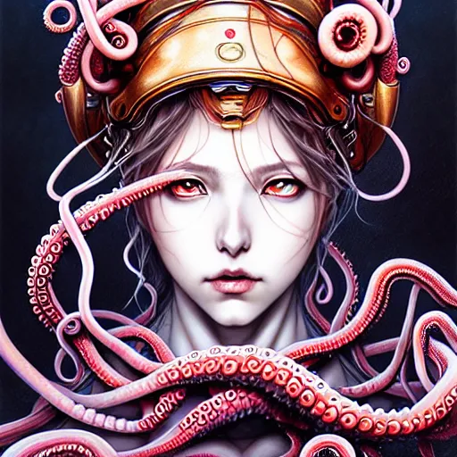 Image similar to a girl with tentacles on her head, an ultrafine detailed painting by ayami kojima, cgsociety, fantasy, anime digital art, lovecraftian, cosmic horror, detailed painting