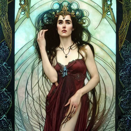 Prompt: realistic detailed face portrait of Jennifer Connelly as a beautiful unearthly ghostly haunting spectral mysterious ominous Gothic fairytale Goblin Queen by Alphonse Mucha, Ayami Kojima, Amano, Charlie Bowater, Karol Bak, Greg Hildebrandt, Jean Delville, and Mark Brooks, Art Nouveau, Neo-Gothic, gothic, rich deep moody colors