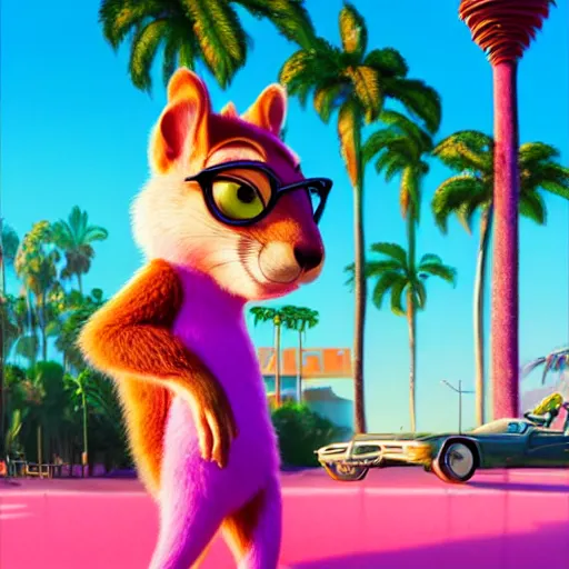 squirrel, neon pink, palm trees, furry, cute, smug Stable Diffusion