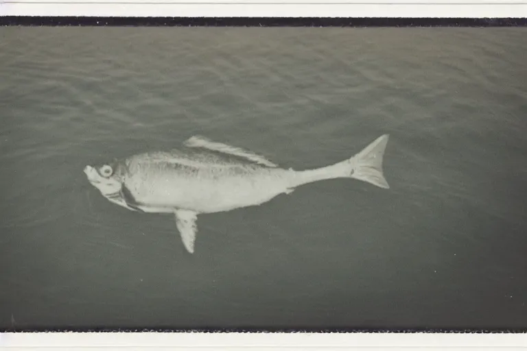 Prompt: old polaroid of a giant fish in the lake