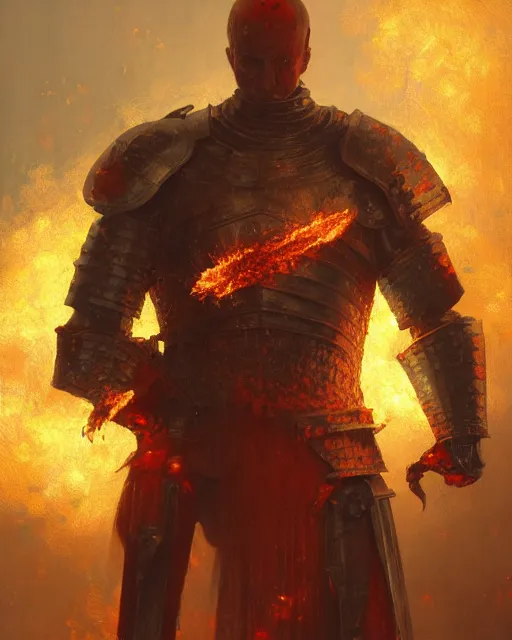 Image similar to Hyper realistic painting of a knight with armor made out of flaming embers, cracks in the armor, reflected light, red lighting, dark fantasy, fog, by greg rutkowski, trending on artstation