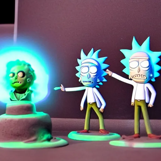Prompt: realistic looking rick and morty clay figures in front of a portal with tentacles coming out of the portal