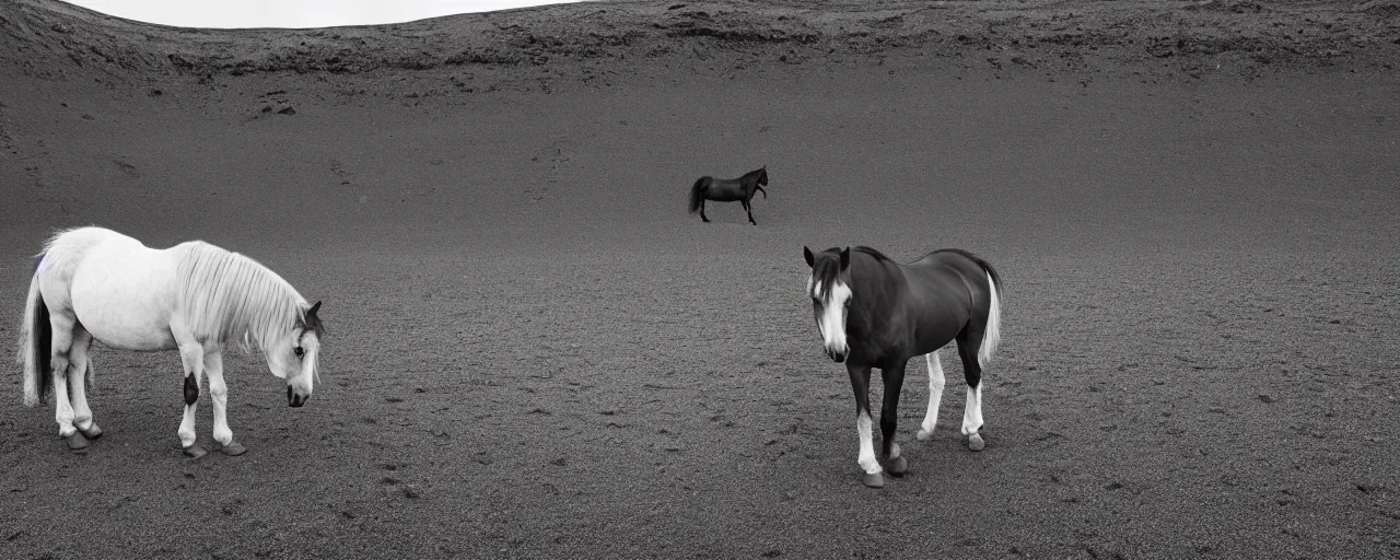 Image similar to low angle cinematic shot of lone futuristic horse in the middle of an endless black sand beach in iceland, iceberg, 2 8 mm