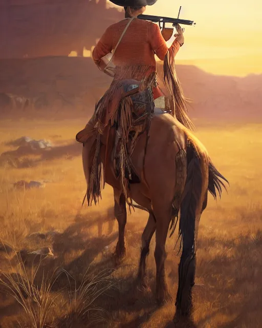 Prompt: the rifle, a gorgeous woman, a native American feather scarf, beige cowgirl hat, western jacket holding a Remington rifle and a bokeh western desert town background at sunset, highly detailed, concept art, hard light digital painting, artstation, concept art, sharp focus, illustration, inspired by greg rutkowski and Frederic Remington