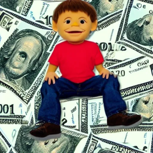 Image similar to a very small man sitting, happy on a large pile of money, brewster millions