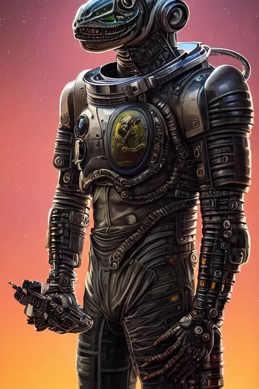 Image similar to a portrait of a muscular anthropomorphic cyberpunk basilisk lizard with big head in spacesuit armor with ensignia on chest plate by sandra chevrier, by jon foster, detailed render, pistol in holster, tape deck, epic composition, cybernetics, 4 k realistic, cryengine, realistic shaded lighting, sharp focus, masterpiece, by enki bilal