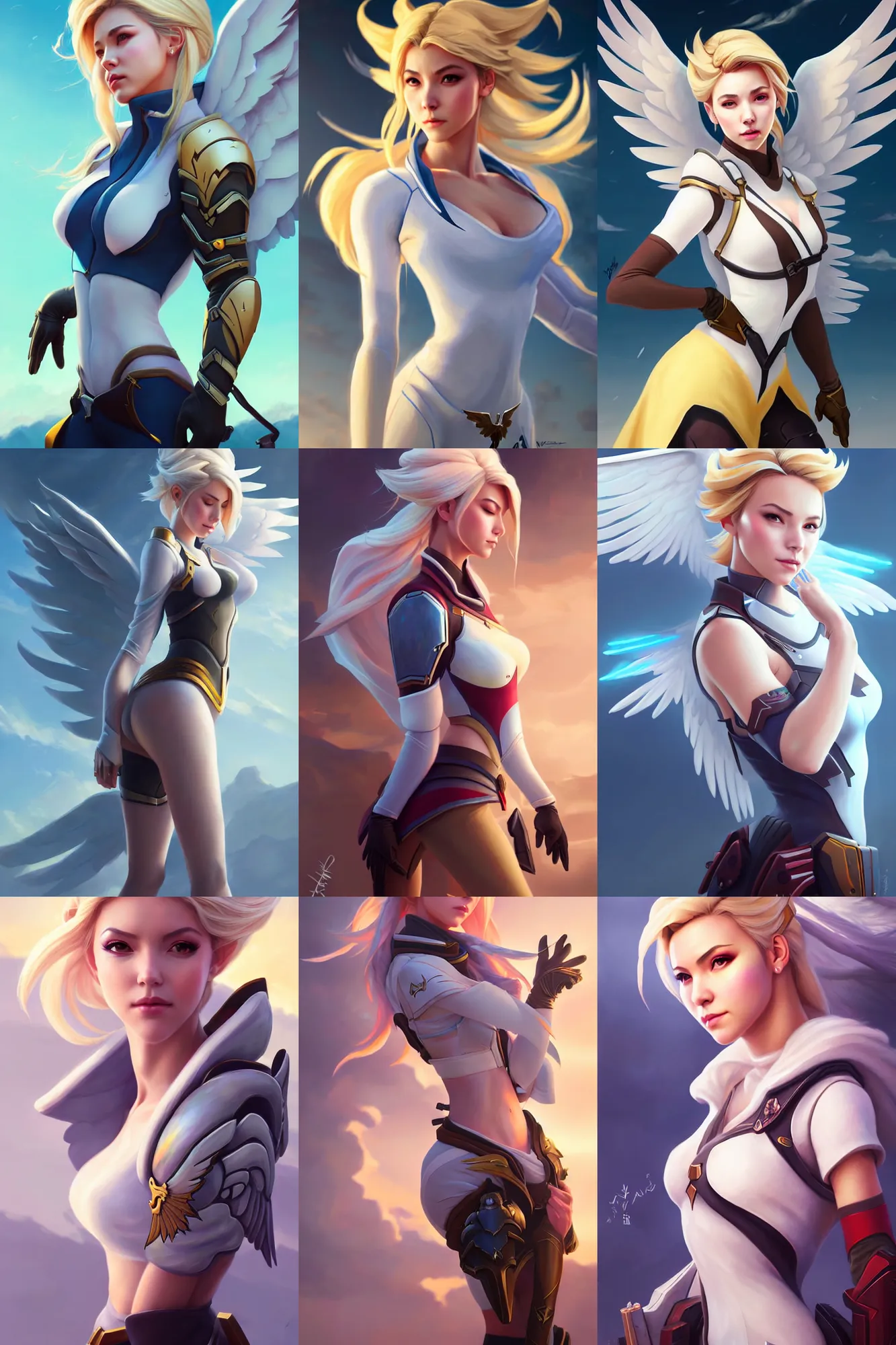 Prompt: a beautiful scenic painting of a beautiful young woman that looks like mercy from overwatch, armoured with wings, by artgerm and wlop and wes anderson and spike jonze