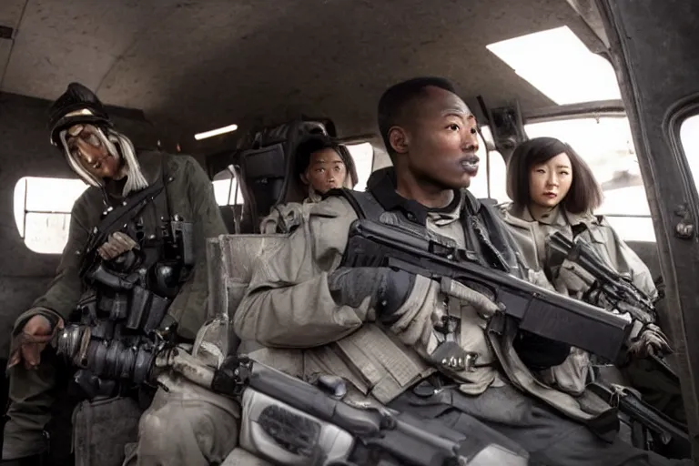 Image similar to movie diverse interracial team of Japanese robbers armed with rifles interior clean futuristic tactical van, beautiful skin, Symmetrical faces. natural lighting by Emmanuel Lubezki