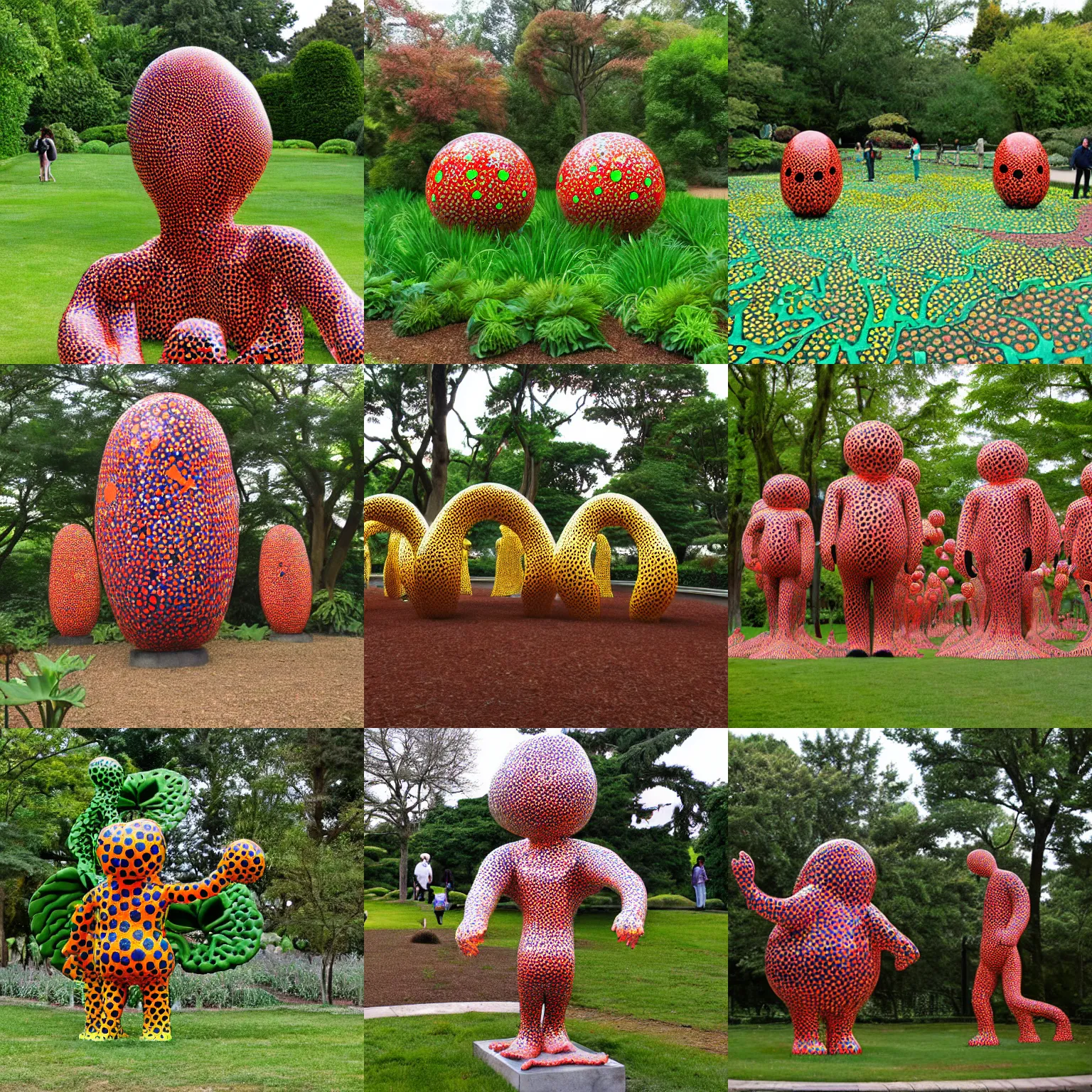 Prompt: Sculpture by Yayoi Kusama at the Botanical Garden