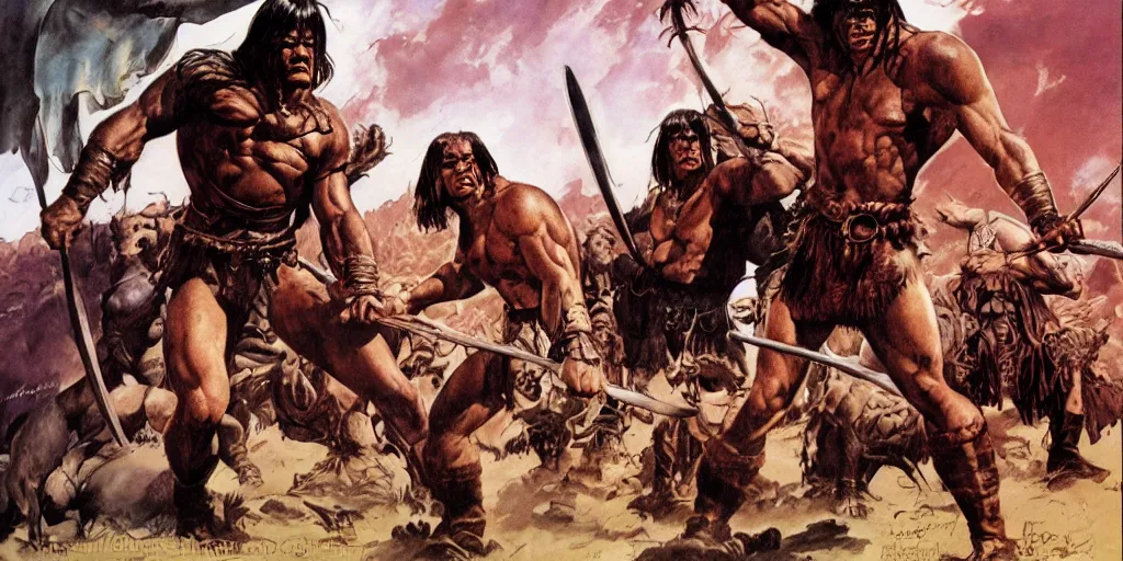 Image similar to conan the barbarian, joe jusko, frank frazetta, robert e howard, book cover, illustration, muted colors