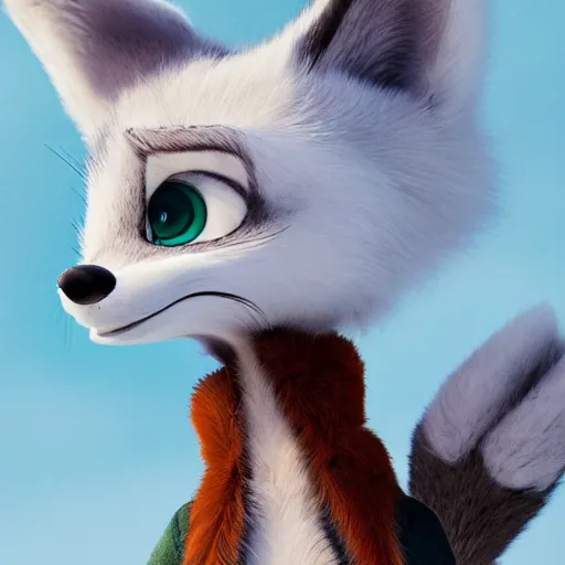 Prompt: upper half portrait of a anthropomorphic female snow fox with short completely white fur covering her body in the style of zootopia, far shot, completely white