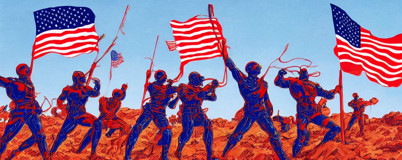 Image similar to full color photo of red white and blue androids proudly raising the flag on iwo jima in the style of alex grey and syd mead