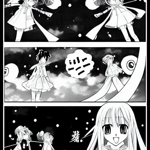 Prompt: shoujo manga in the style of yuyuko takemiya, black and white four panel 4 koma manga